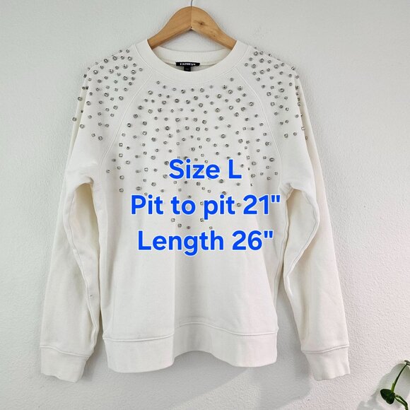Express Womens Sz L Neutral Rhinestone Embellished Crew Neck Fleece Sweatshirt - Picture 7 of 10